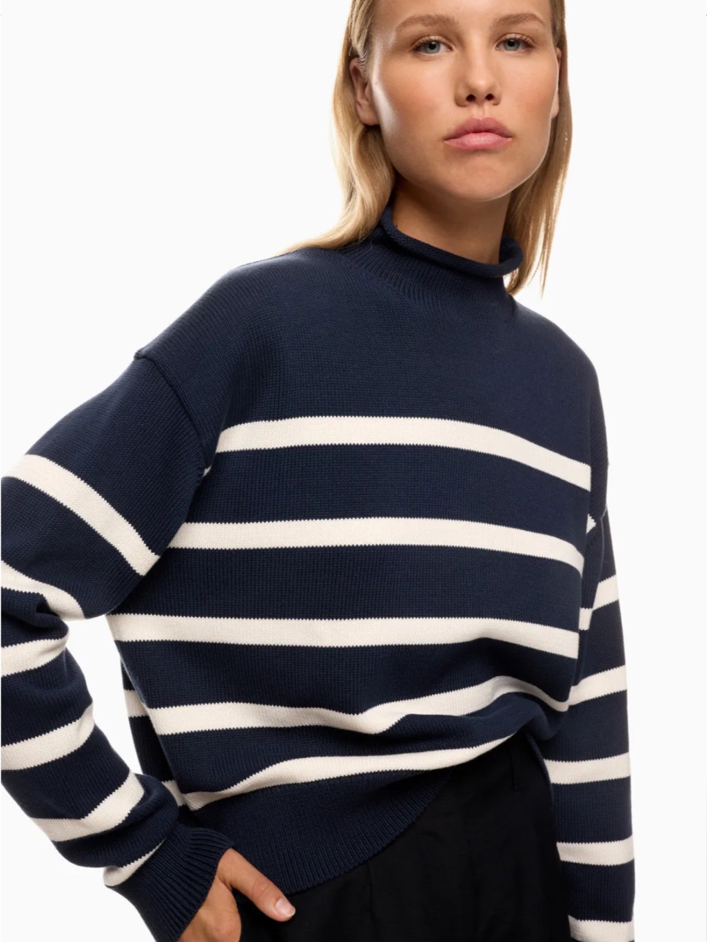 Club Monaco Striped Navy And White Mock Neck Sweater